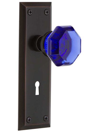 New York Mortise Lock Set with Colored Waldorf Crystal Glass Knobs Cobalt Blue in Timeless Bronze.